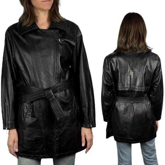 VINTAGE PROMODA GENUINE LEATHER BLACK CLASSIC ASYMMETRIC ZIP FRONT BELTED JACKET - Picture 3 of 16
